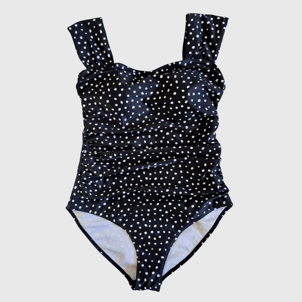 B2PRITY Womens Polka Dot One Piece Swimsuit Black White Ruched Tummy Control L